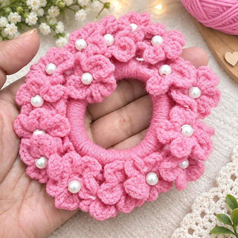Crochet Hair Scrunchie with Pearls - Image 2