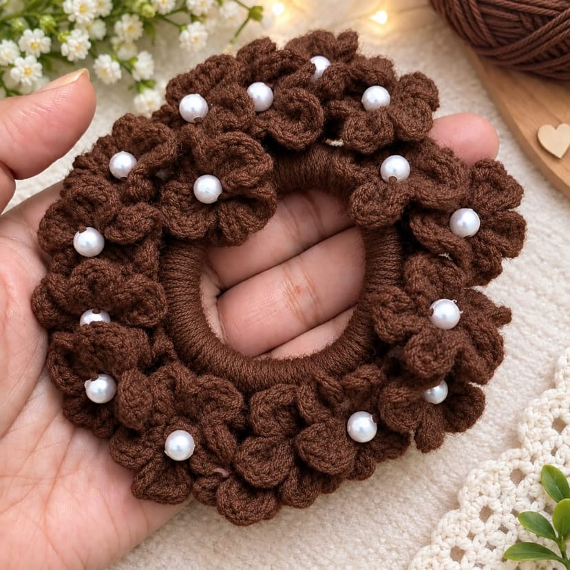 Crochet Hair Scrunchie with Pearls - Image 4