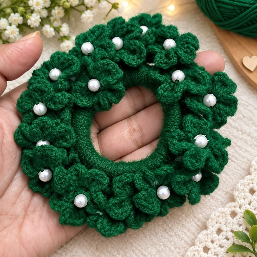 Crochet Hair Scrunchie with Pearls - Image 5