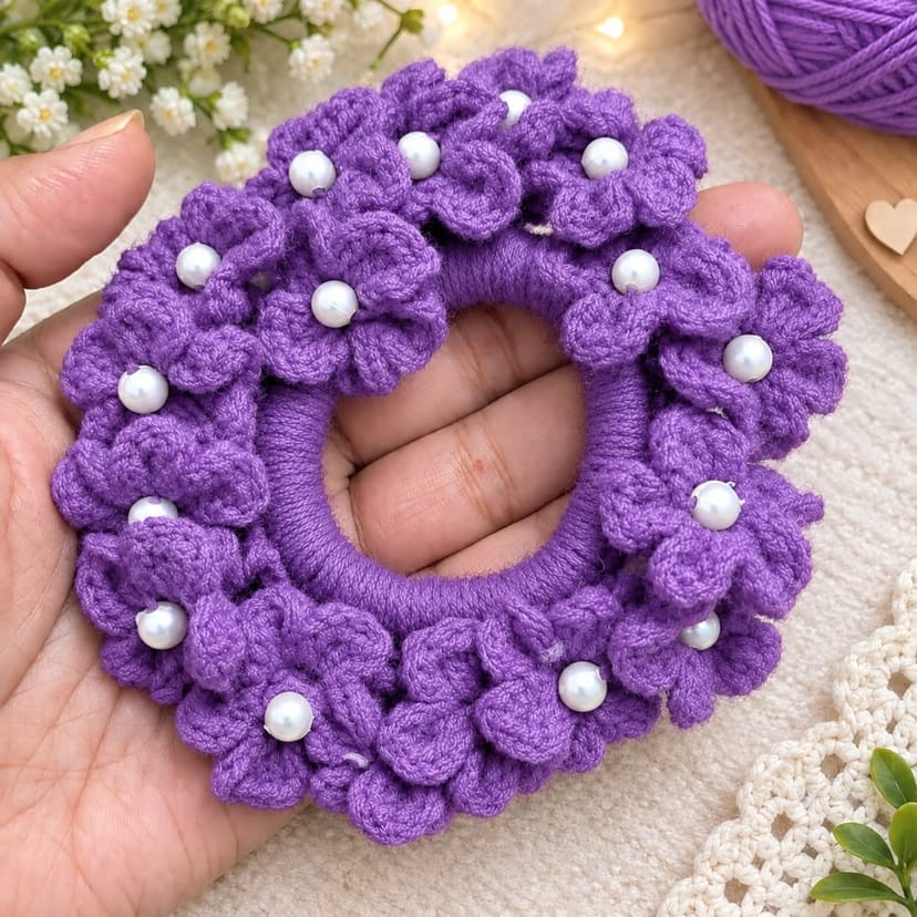 Crochet Hair Scrunchie with Pearls - Image 6