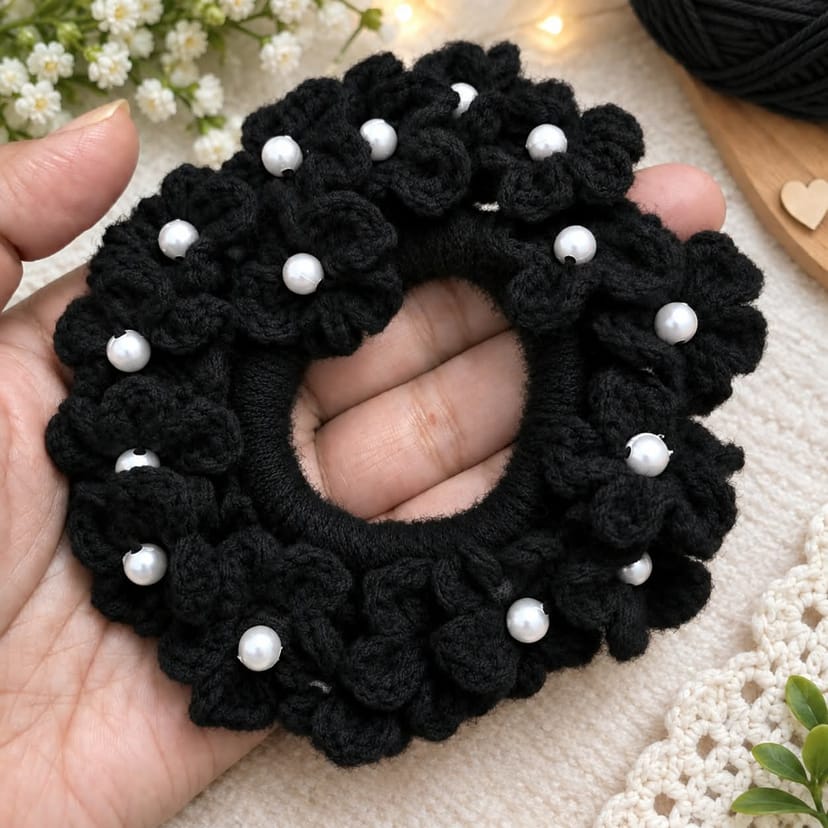 Crochet Hair Scrunchie with Pearls - Image 7