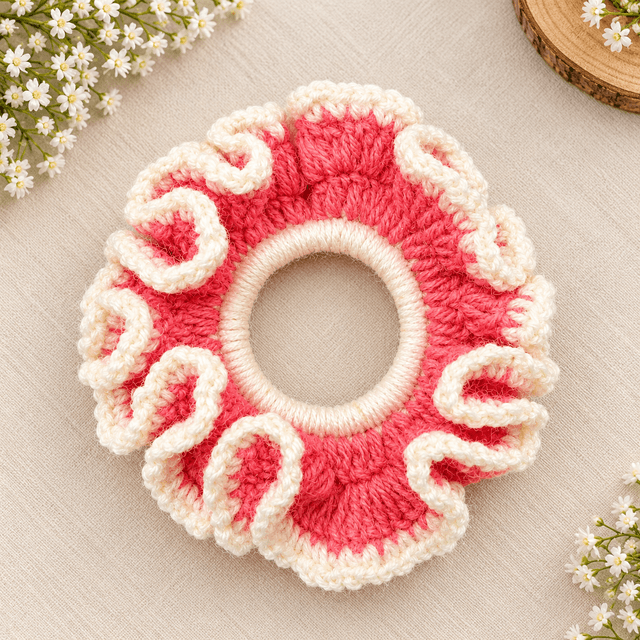 Crochet Scrunchie Pink &White