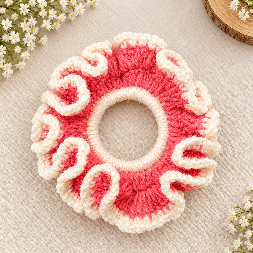 Crochet Scrunchie Pink &White - Image 1