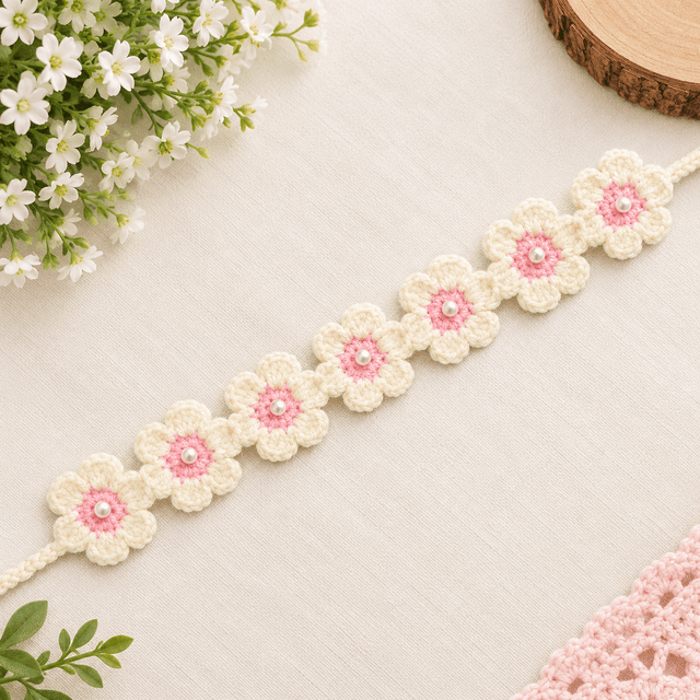 Crochet Floral Hair Band with Pearl Accents