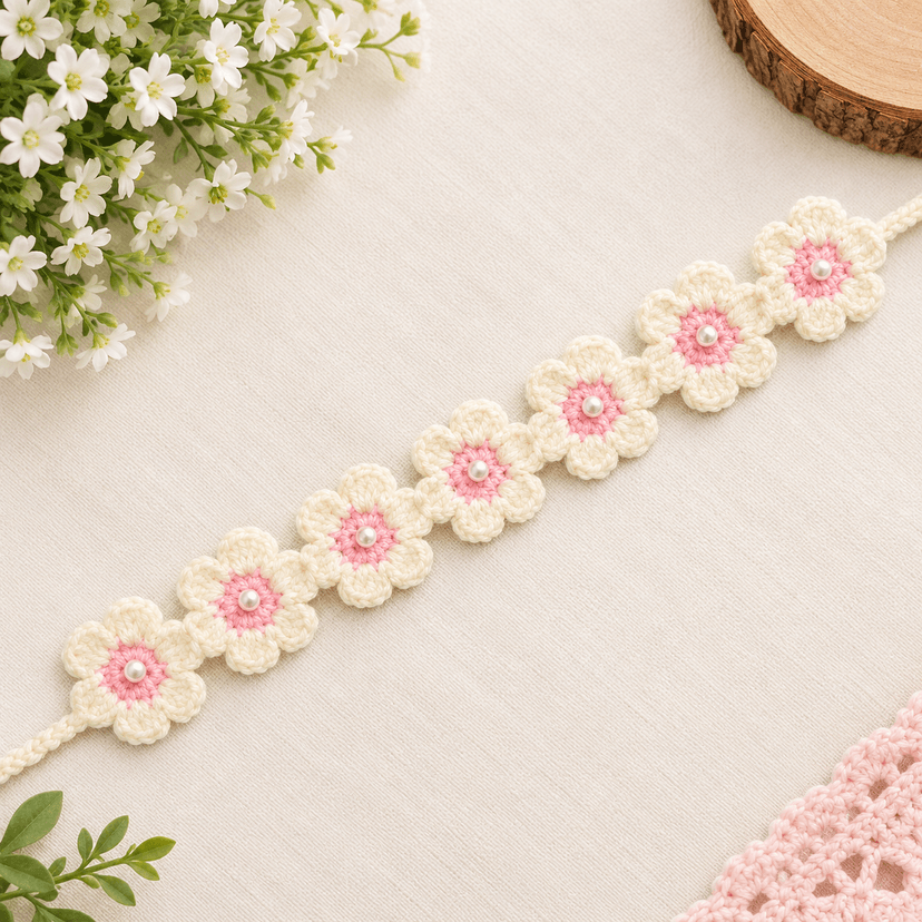Crochet Floral Hair Band with Pearl Accents - Image 1
