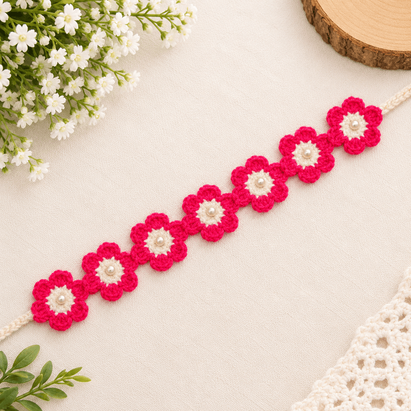 Crochet Floral Hair Band with Pearl Accents - Image 3