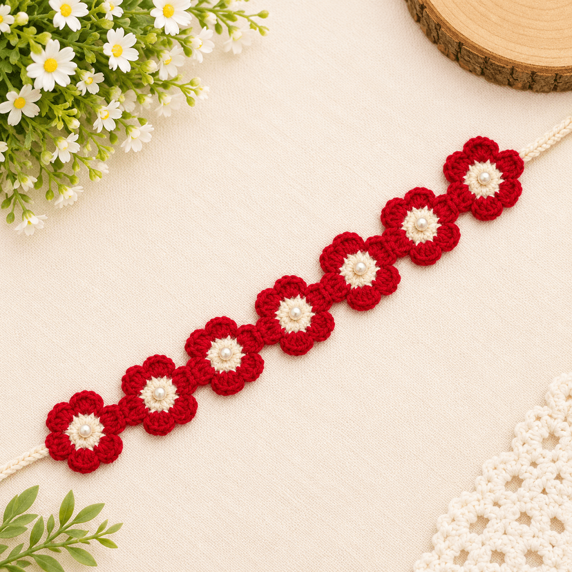 Crochet Floral Hair Band with Pearl Accents - Image 6