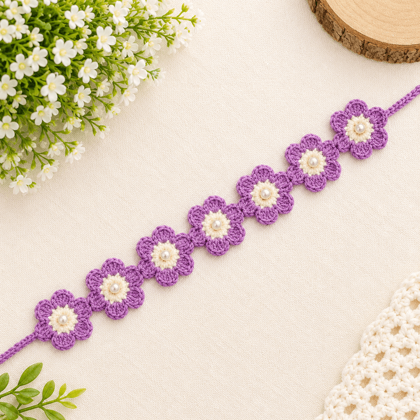 Crochet Floral Hair Band with Pearl Accents - Image 7