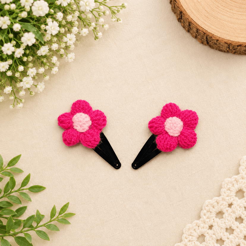 Crochet Puff Flower Hair Clip Pair - Image 1