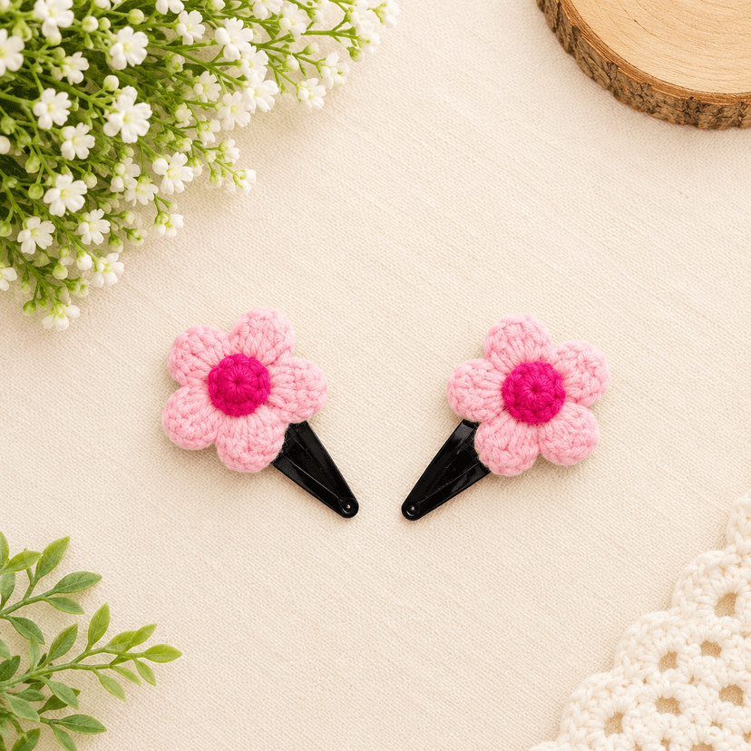 Crochet Puff Flower Hair Clip Pair - Image 3