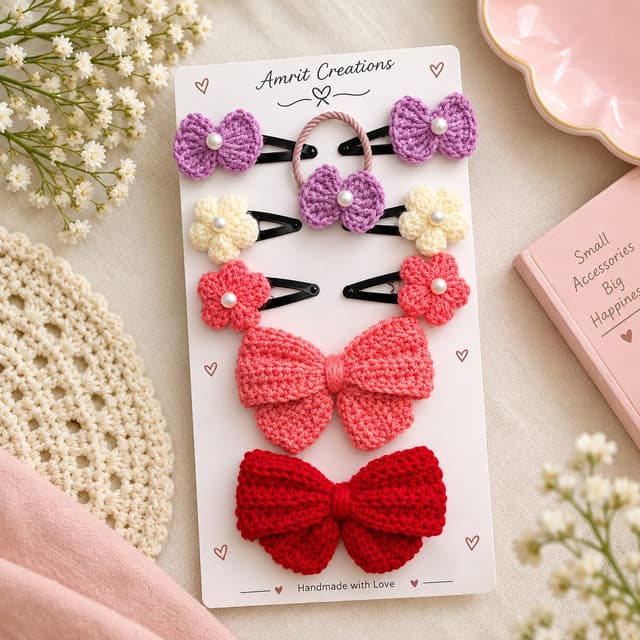 Crochet Bows & Hair Clips Set